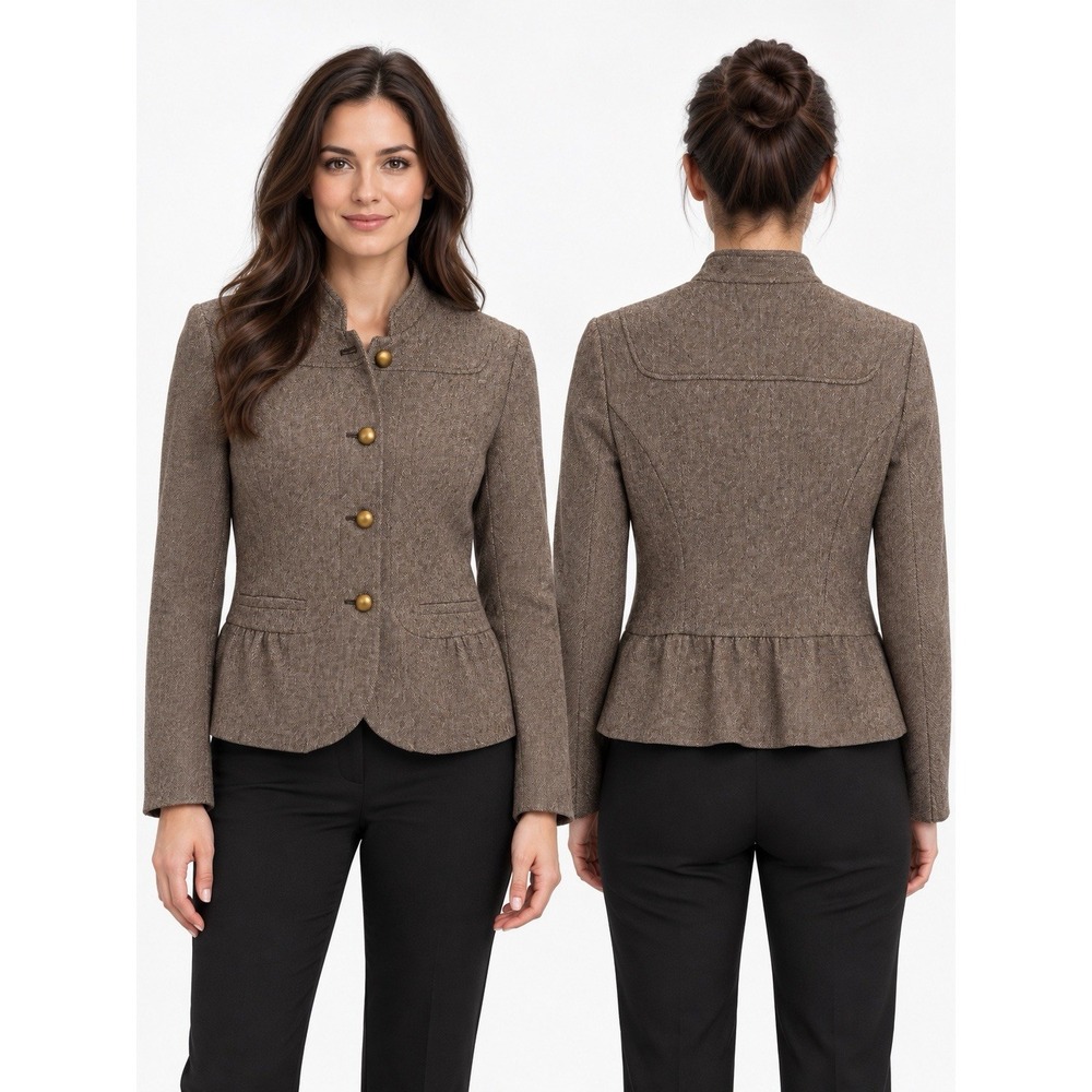 Brown Tweed Wool Blend Peplum Blazer Womens 8 Military Dark Academia Jacket